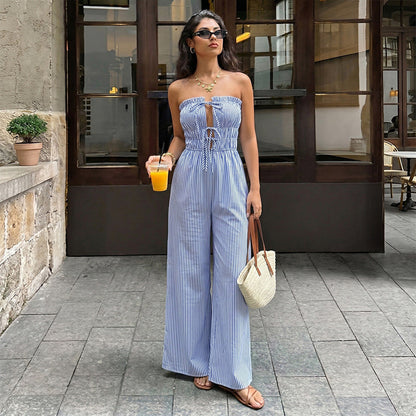 👗 50% DE RÉDUCTION 🌊 Combinaison rayée bandeau – Tissu léger, coupe fluide & estivale – Parfaite pour la plage, les vacances ou les journées chaudes – look marin et décontracté ☀️✨🌸