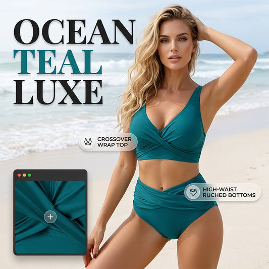 👙 50% DE RÉDUCTION ⏰ Bikini taille haute à plis sculptant – Col V élégant & gainant – Séchage rapide, parfait pour la plage ou la piscine – maintien et style ☀️🌊✨