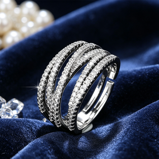 💫 50% DE RÉDUCTION! 💍 Bague Croisée Multi-Rangs Ajustable – Zircones étincelantes, tige ouverture & finition miroir – Idéale pour le quotidien, le bureau & les soirées ✨