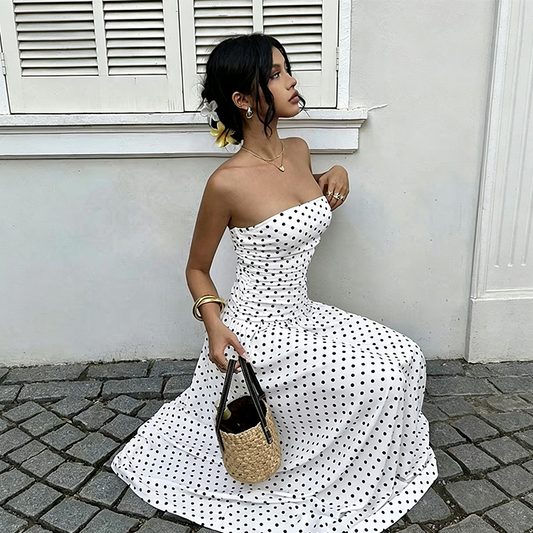 👗 50% DE RÉDUCTION! ✨ Robe à pois épaules dénudées – Taille froncée flatteuse & jupe ligne A fluide – Parfaite pour un look romantique & estival ☀️