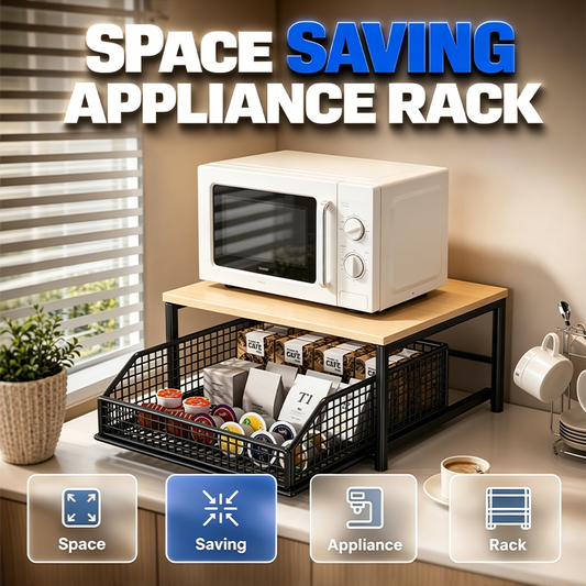 🏠 50% DE RÉDUCTION! 🍳 Support Micro-Ondes 2 niveaux avec tiroir coulissant – Gain de place, étagère surélevée & panier intégré – Idéal pour cuisine, café & dortoir ✨