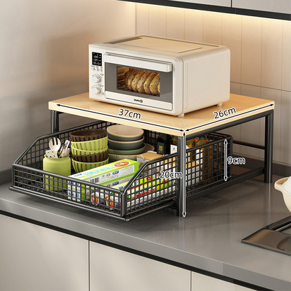 🏠 50% DE RÉDUCTION! 🍳 Support Micro-Ondes 2 niveaux avec tiroir coulissant – Gain de place, étagère surélevée & panier intégré – Idéal pour cuisine, café & dortoir ✨