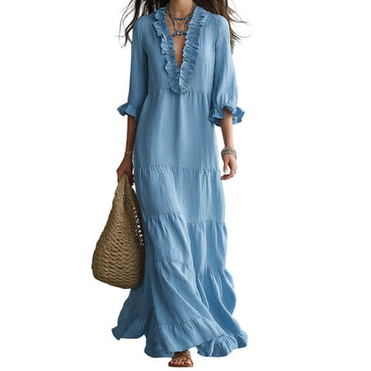 🌸 60% DE RÉDUCTION! 👗 Robe Maxi Étagée Col V Volantée – Tissu léger, coupe aérienne & polyvalente – 5 coloris, tailles S–2XL – Parfaite pour l'été, la plage & les soirées ✨