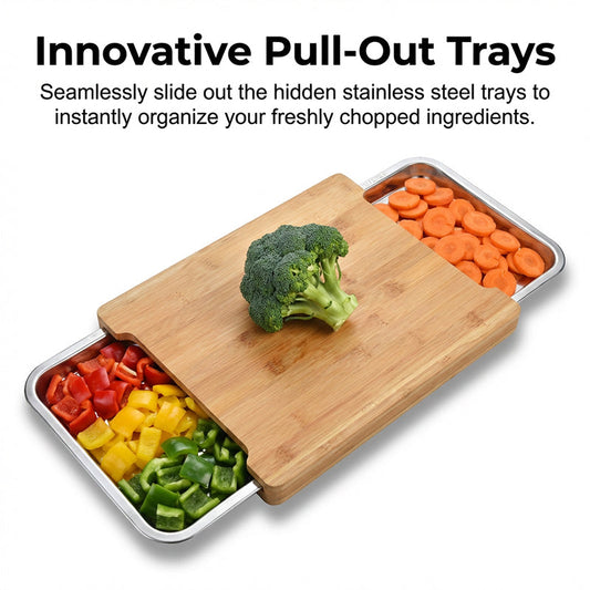 🔪 60% DE RÉDUCTION! 🥗 Planche à Découper en Bois & Acier Inoxydable – Bacs coulissants intégrés, durable & facile à nettoyer – Parfaite pour une cuisine organisée 🧑‍🍳