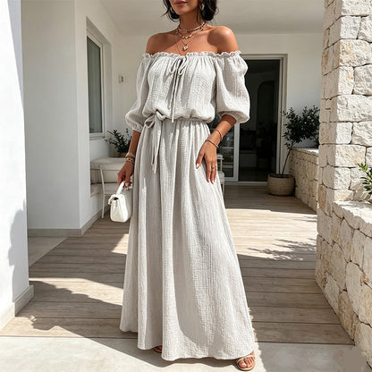🌸 50% DE RÉDUCTION! 👗 Robe Maxi Épaules Dénudées – Taille cinée, fluide & romantique – Idéale pour l'été et les vacances ☀️