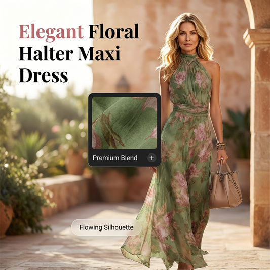 🌸 60% DE RÉDUCTION! 👗 Robe Maxi Élégante à Imprimé Floral & Col Halter – Tissu fluide, coupe flatteuse & style bohème – Parfaite pour l'été, les vacances & les soirées ☀️