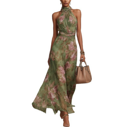 🌸 60% DE RÉDUCTION! 👗 Robe Maxi Élégante à Imprimé Floral & Col Halter – Tissu fluide, coupe flatteuse & style bohème – Parfaite pour l'été, les vacances & les soirées ☀️