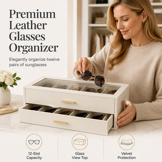 🕶️ 50% DE RÉDUCTION! 🔒 Étagère à lunettes 2 niveaux – Boîtier transparent, 12 paires, cuir PU & verrou – Protection poussière & rangement élégant ✨