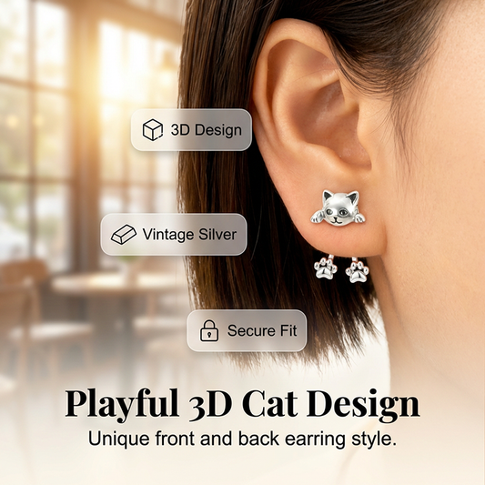 🐱 50% DE RÉDUCTION! ✨ Boucles d'oreilles 3D Chat Espiègle – Design avant/arrière, finition argent vintage & léger – Parfaites pour les amoureux des chats au quotidien 💖