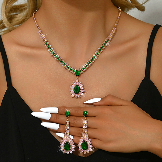 💎 50% DE RÉDUCTION! ✨ Parure de Bijoux en Zircon – Collier & boucles pendantes, cuivre & zircone cubique – Rose et vert – Idéale pour mariages et soirées 👗