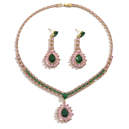 💎 50% DE RÉDUCTION! ✨ Parure de Bijoux en Zircon – Collier & boucles pendantes, cuivre & zircone cubique – Rose et vert – Idéale pour mariages et soirées 👗