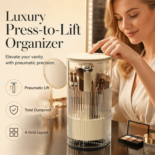 💄 50% DE RÉDUCTION! ✨ Organisateur de Pinceaux Anti-Poussière – PET + ABS, ouverture presse-soulever & compartiments – Idéal pour une coiffeuse bien rangée 🎨