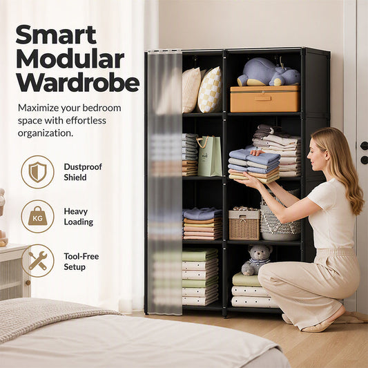 🏠 50% DE RÉDUCTION! 🧥 Armoire anti-poussière multi-niveaux – Tubes acier, rideau haute densité & gain de place – Idéale pour chambres, studios & appartements ✨