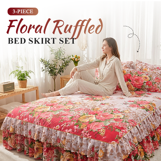 🛏️ 50% DE RÉDUCTION! 🌷 Cache-Sommier 3 Pièces à Fleurs et Volants – Coton haute densité, 5 tailles & jupes – Parfait pour une chambre romantique ✨