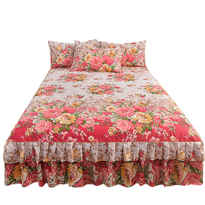 🛏️ 50% DE RÉDUCTION! 🌷 Cache-Sommier 3 Pièces à Fleurs et Volants – Coton haute densité, 5 tailles & jupes – Parfait pour une chambre romantique ✨