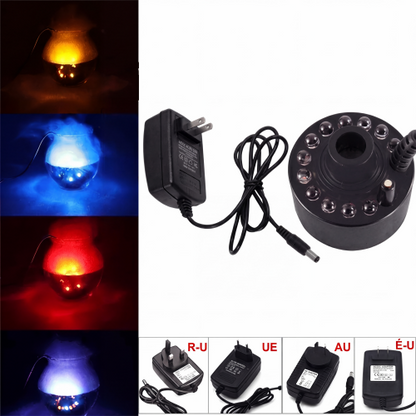 🌫️ 50% DE RÉDUCTION! 💡 Générateur de brume ultrasonique avec 12 LED – Effet brumeux, couleurs changeantes & design décoratif – Parfait pour bassin, aquarium ou décoration festive 🎨