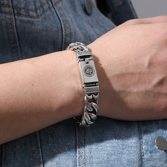 📿 50% DE RÉDUCTION! ✨ Bracelet mantra rétro – Six syllabes, argent vintage & double chaîne ✨
