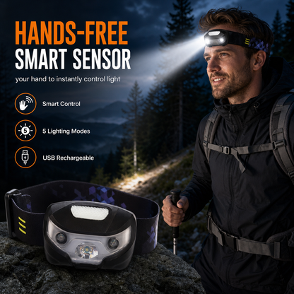 🔦 50% DE RÉDUCTION! 💡 Lampe frontale à capteur – Mains libres, 5 modes & USB ✨
