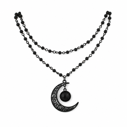 🌙 50% DE RÉDUCTION! 🖤 Collier gothique – Perles cristal & pendentif lune ajourée ✨