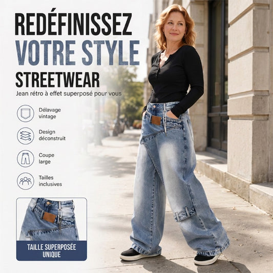 👖 60% DE RÉDUCTION 💙 Jean femme taille asymétrique jambe large – Coupe 3D, lavage décoloré & silhouette ultra large – Tailles S-2XL – idéal streetwear ou mode affirmée ✨