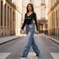 👖 60% DE RÉDUCTION 💙 Jean femme taille asymétrique jambe large – Coupe 3D, lavage décoloré & silhouette ultra large – Tailles S-2XL – idéal streetwear ou mode affirmée ✨